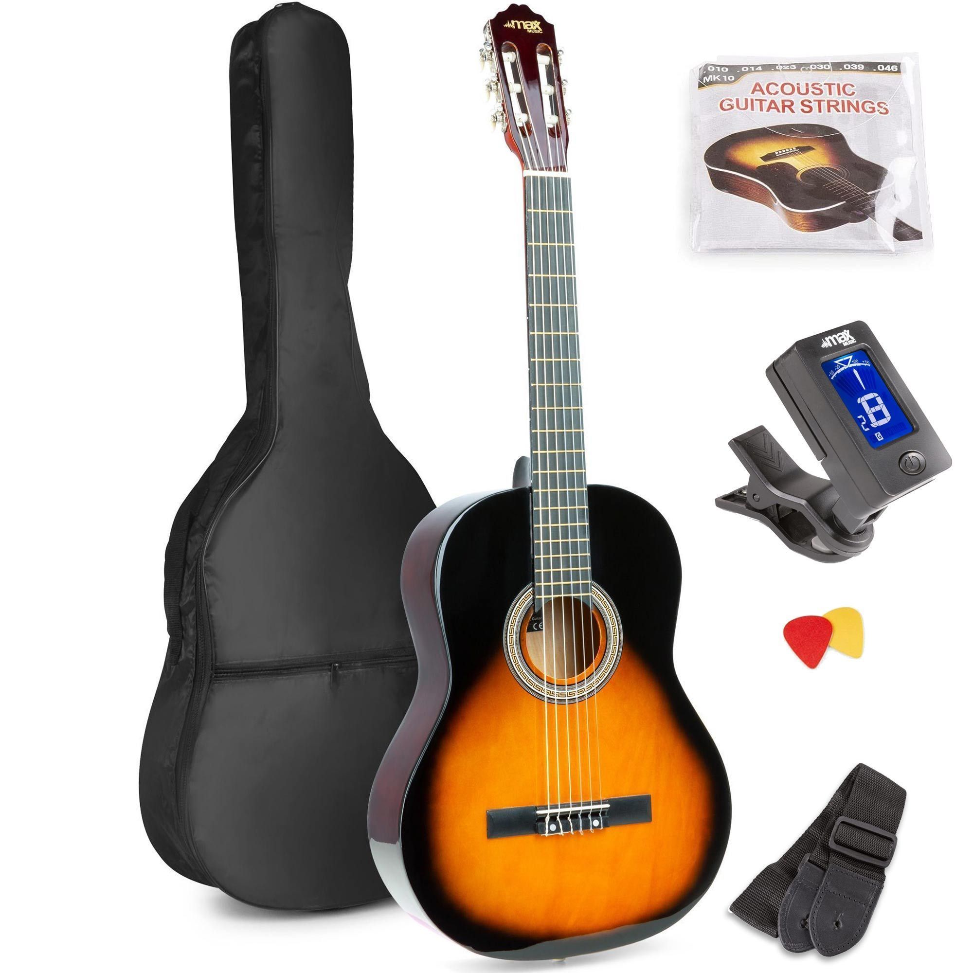 MAX SoloArt klassisk akustisk gitarr (39") Startset - Sunburst